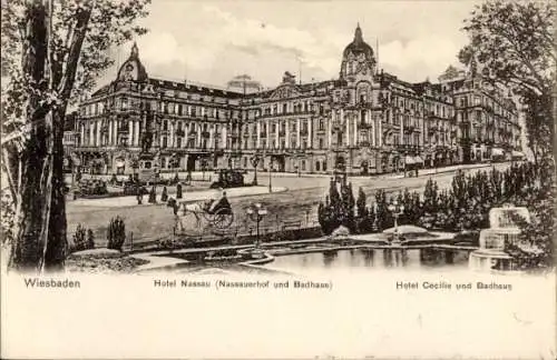 Ak Wiesbaden in Hessen, Historische Gebäude, Hotel Nassau, Hotel Cecilie, Blumengarten, Kurhaus