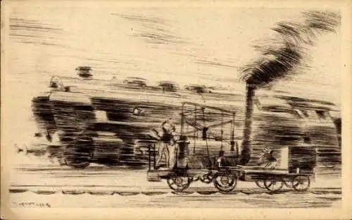 Künstler Ak Turner, C., Einst und Jetzt, Eisenbahntechnische Tagung, rasende Lok