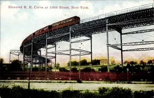 Ak New York City USA, Hochbahnkurve, 110th Street, dampfende Eisenbahn, urbanes Umfeld