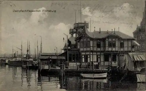 Ak Flensburg in Schleswig Holstein, Dampfschiffspavillon, Schiffe im Hafen,  Architektur