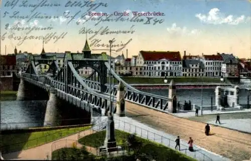 Ak Hansestadt Bremen, Große Weserbrücke, Stadtansicht, Personen auf der Straße, nmotiv