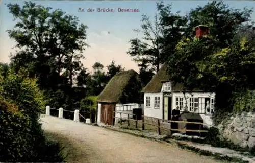 Ak Oeversee in Schleswig-Holstein, Häuser, Brücke, ländliche Szene, Abendlicht, Natur