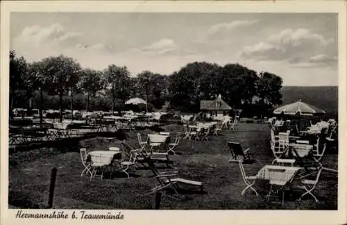 Ak Ostseebad Travemünde Lübeck, Freifläche mit Tischen und Stühlen, Bäume, Gaststätte Hermannshöh