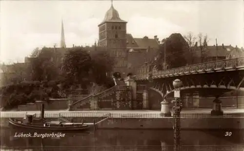 Ak Lübeck in Schleswig Holstein, Blick auf die Burgtorbrücke, Lastkahn