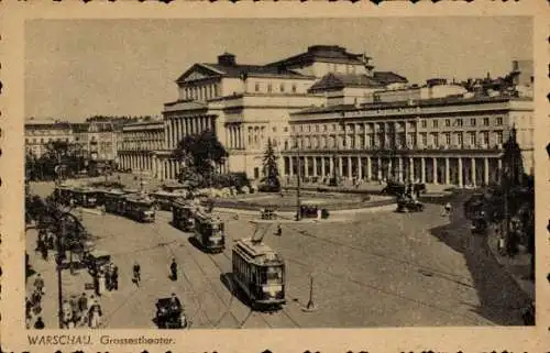 Ak Warszawa Warschau Polen, Grosses Theater, Straßenbahn, Stadtplatz