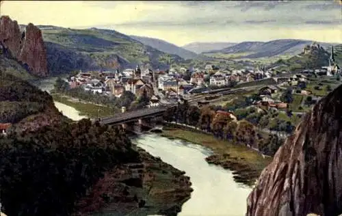 Ak Bad Münster am Stein Bad Kreuznach an der Nahe, Blick über die Stadt, Fluss, Brücke, Berge im 