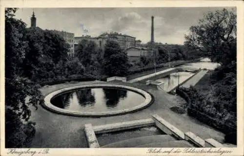Ak Kaliningrad Königsberg Ostpreußen, Blick auf die Schlossteichanlagen,  Landschaft, Schwarz-Wei
