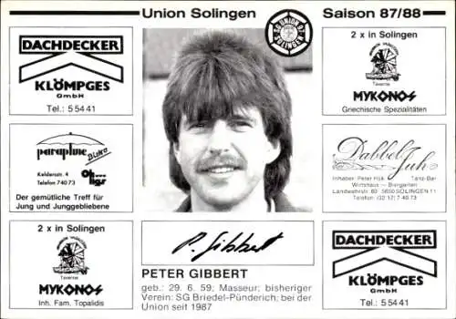 Autogrammkarte Fußballer Peter Gibbert, SG Union Solingen, Autogramm