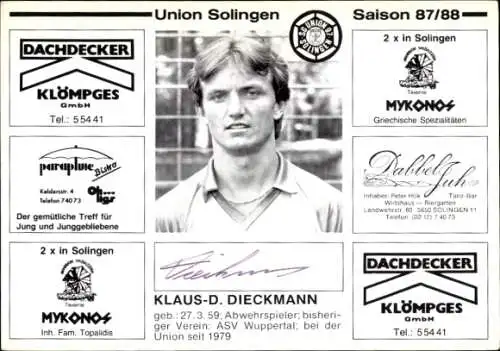 Autogrammkarte Fußballer Klaus D. Dieckmann, SG Union Solingen, Autogramm