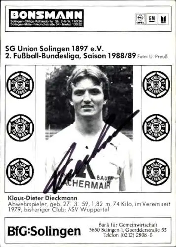 Autogrammkarte Fußballer Klaus Dieter Dieckmann, SG Union Solingen, Autogramm