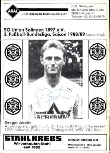 Autogrammkarte Fußballer Gregor Jeretin, SG Union Solingen, Autogramm