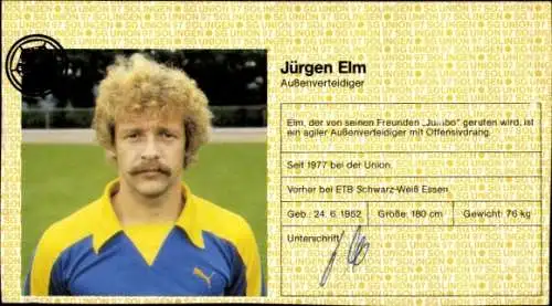 Autogrammkarte Fußballer Jürgen Elm, SG Union Solingen, Autogramm