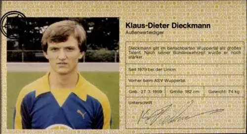 Autogrammkarte Fussballer Klaus-Dieter Dieckmann, SG Union Solingen, Autogramm