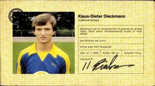 Autogrammkarte Fussballer Klaus-Dieter Dieckmann, SG Union Solingen, Autogramm
