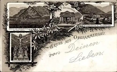 Vorläufer Litho Oberammergau in Oberbayern, Gesamtansicht, Kloster, Passionstheater