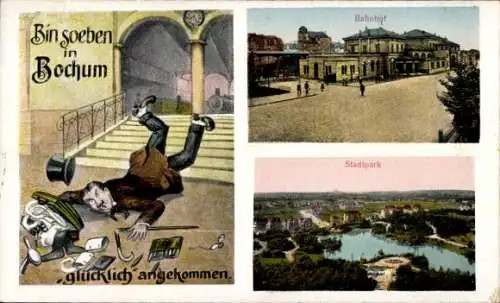 Ak Bochum im Ruhrgebiet, Tollpatschiger Reisender, Bahnhof, Stadtpark