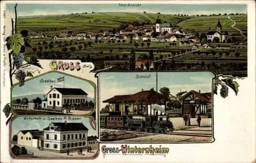 Ak Großwinternheim Ingelheim am Rhein, Gesamtansicht, Bahnhof, Saalbau