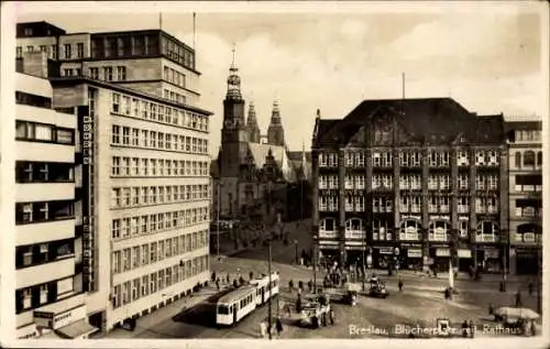 Ak Wrocław Breslau Schlesien, Blücherplatz, Rathaus