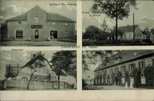 Ak Diedersdorf Vierlinden in Brandenburg, Kirche, Schule, Friedenseiche, Kaufhaus Otto Bossling