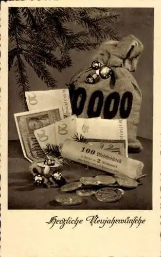 Ak Glückwunsch Neujahr, Geld, Geldscheine, Münzen, Pilze, Tannenzweige