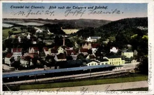 Ak Einsiedel Chemnitz, Blick nach der Talsperre und Bahnhof