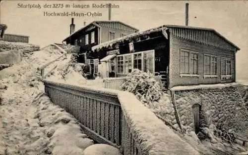 Ak Oybin in der Oberlausitz, Zittauer Gebirge, Hochwald, Hayn, Startplatz mit lanfer Rodelbahn