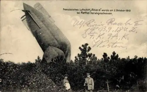Ak Rethel Ardennes, Französisches Luftschiff Alsace, herabgeschossen am 2.Oktober 1915