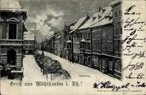 Ak Mühlhausen in Thüringen, Schneebedeckte Straße,  Gebäude, Gruß aus Mühlhausen