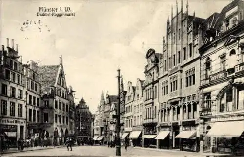 Ak Münster in Westfalen, Historische Architektur, Drubbel-Roggenmarkt, Geschäfte, Straßenansicht