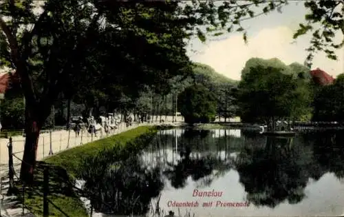 Ak Bolesławiec Bunzlau Schlesien, See mit Promenade, Bäume, Grünflächen, Spaziergänger