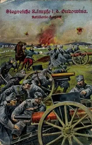 Ak Bukowina Bobrzańska Buchwald bei Żagań Sagan Schlesien, Artillerie-Angriff, Soldaten, Pferd...