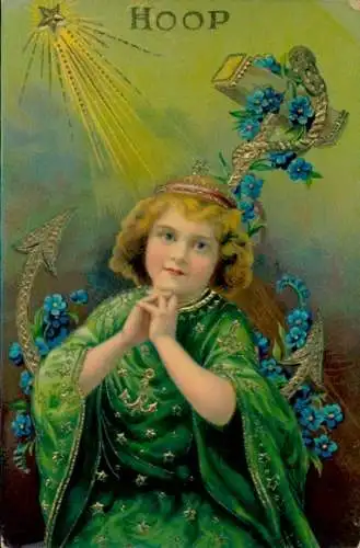 Präge Ak Allegorie, Hoffnung, Betendes Kind, Anker, Vergissmeinnicht