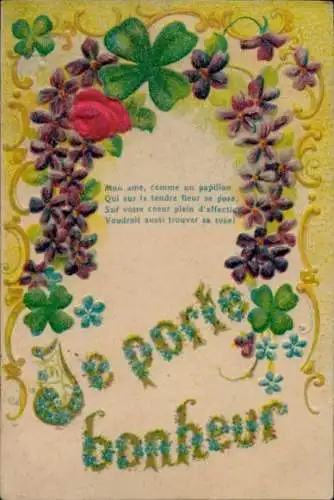Präge Ak Ich bringe Glück, Blumengruß, Kleeblätter