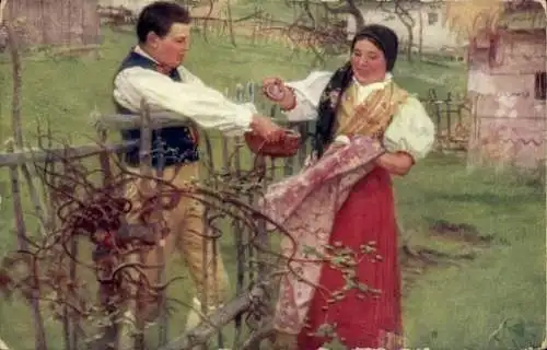 Künstler Ak Douba, J., Paar in tschechischen Trachten, Zaun