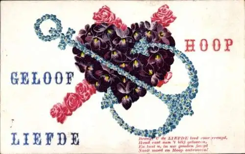 Ak Allegorie, Liebe, Hoffnung, Glaube, Anker, Blumen