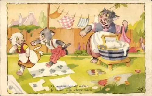 Künstler Ak Vermenschlichte Tiere, Katze macht Wäsche, Kinder, Pfotenabdruck auf dem Bettlaken