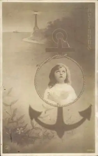 Ak Mädchen-Porträt, Allegorie, Hoffnung, Anker, Leuchtturm