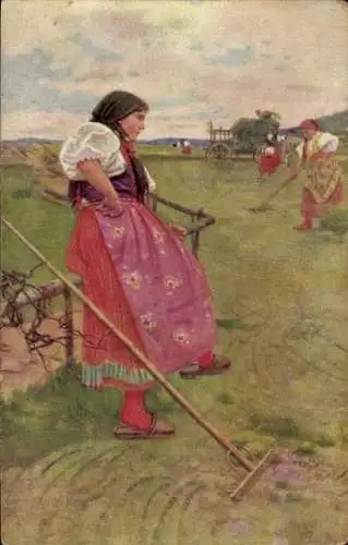 Künstler Ak Douba, J., Junge Frau in tschechischer Tracht, Harke