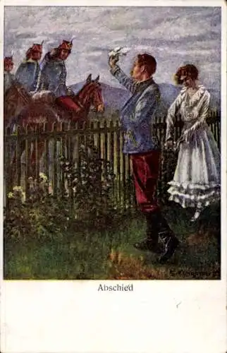 Künstler Ak KuK-Armee, Abschied, Liebespaar, Traurige Frau, Soldaten zu Pferden