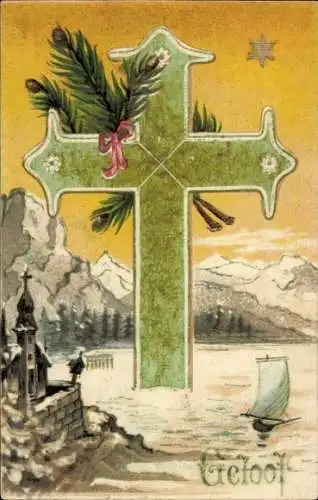 Präge Ak Allegorie, Glaube, Kreuz, Gebirge, Tannenzweige