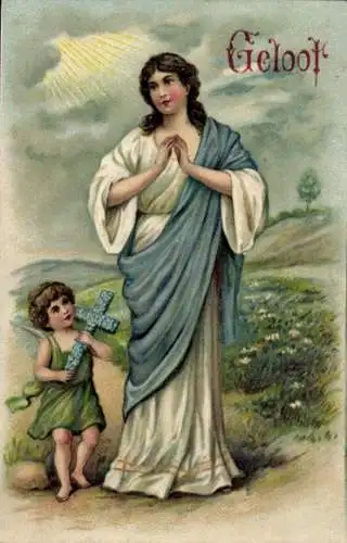 Präge Ak Allegorie, Glaube, Engel mit Kreuz, Betende Frau