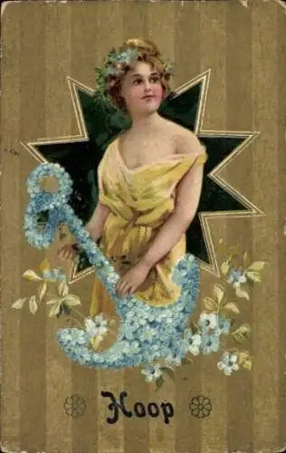 Ak Allegorie, Hoffnung, Frau mit Anker, Vergissmeinnicht