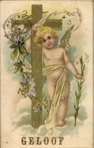Präge Ak Allegorie, Glaube, Engel, Kreuz, Blumen