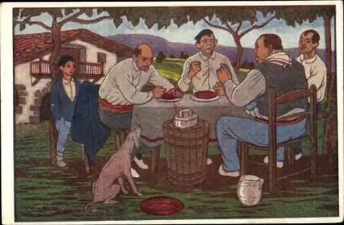 Ak Spanien, Männer am Tisch, Essen, Hund, Wohnhaus