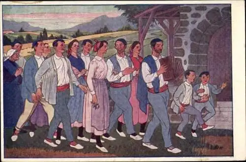 Künstler Ak Spanische Tracht, Feiernde Menschen, Mann mit Musikinstrument
