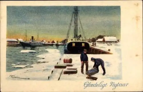 Künstler Ak Fröhliches Neujahr, Dänemark, Hafen, Schiffe