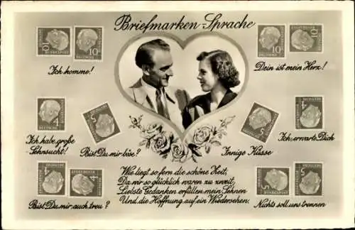 Ak Briefmarkensprache, Liebespaar, Herz, Rosen