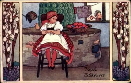 Künstler Ak Glückwunsch Ostern, Ostereier, Mädchen in Tracht