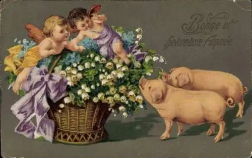 Präge Ak Fröhliches Neujahr, Schweine, Blumenkorb, Engel