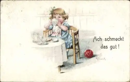 Künstler Ak Frank, Ach schmeckt das gut, Mädchen beim Essen